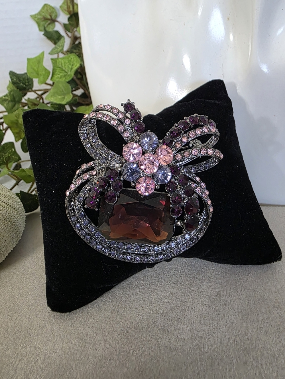 Purple & Pink Rhinestone Bow Brooch – Gunmetal Tone Statement Pin